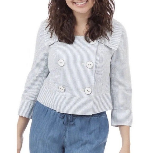 Daughters of the Liberation anthro striped Jacket Seersucker Crop buttons blue - Picture 2 of 11
